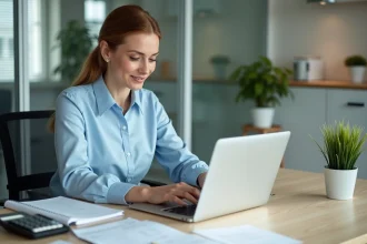 Femme au bureau travaillant sur un ordinateur portable
