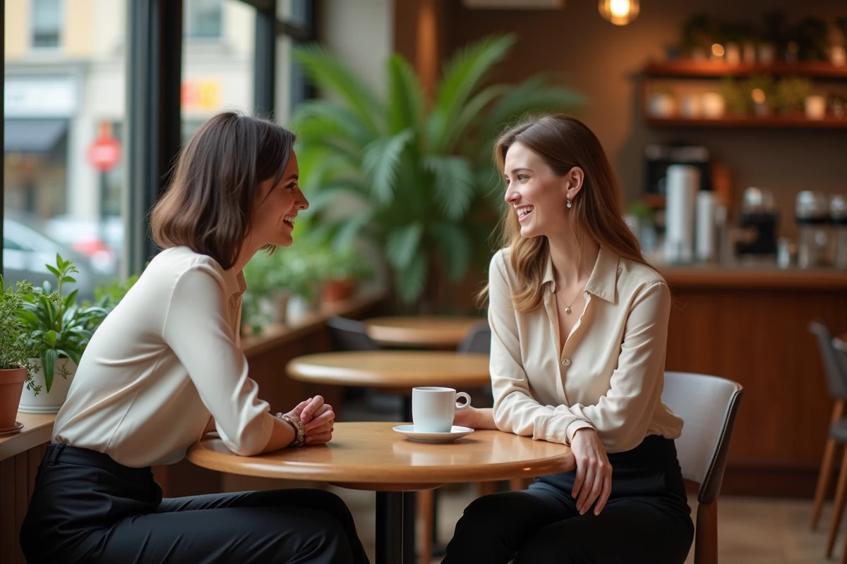 Femme souriante dans un café avec blouse en soie