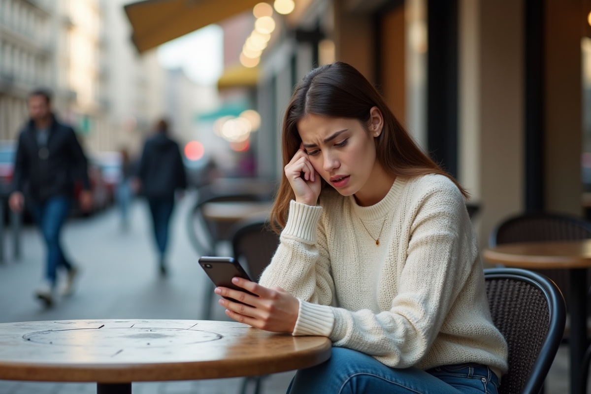 Femme perplexe regardant une transaction blockchain au café