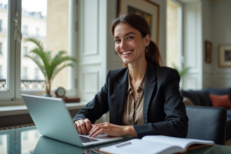 Femme élégante en blazer chic dans un appartement parisien