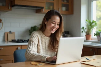 Jeune femme compare tarifs postaux sur son ordinateur à la maison