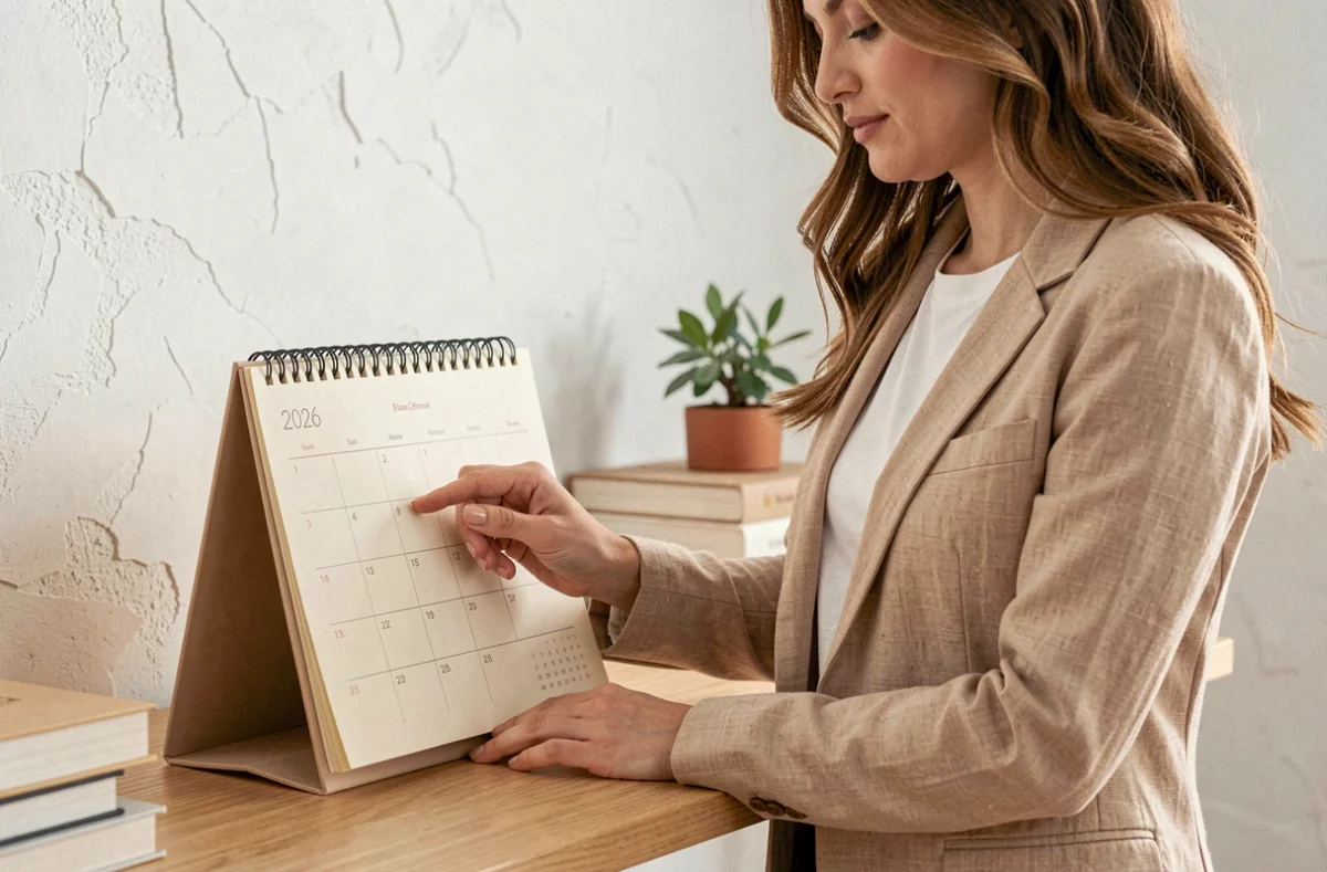 Femme consultant un calendrier de bureau minimaliste 2026 à reliure spirale posé sur un bureau en chêne clair dans un bureau moderne épuré