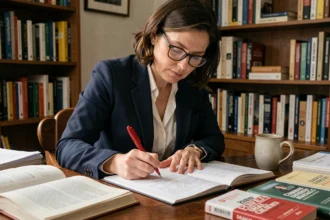 Femme annotant un dictionnaire français avec des synonymes du mot verbatim à son bureau