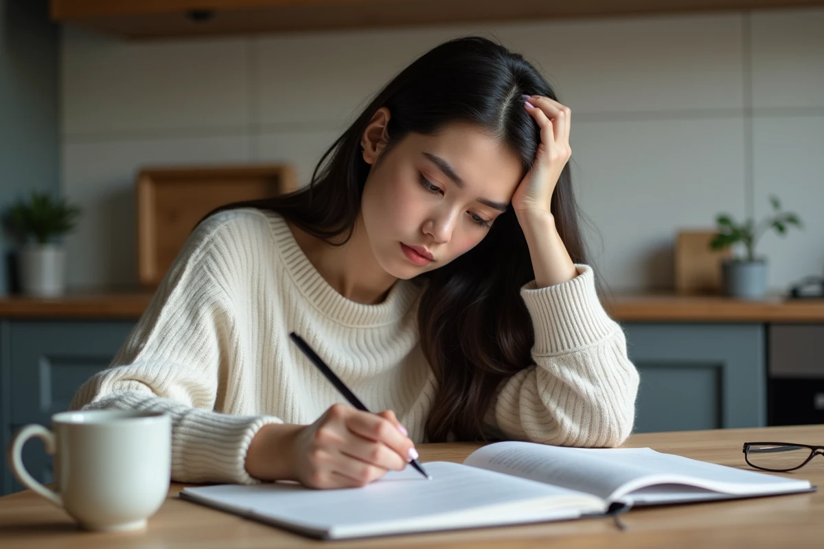Jeune femme concentrée à étudier le français à la maison