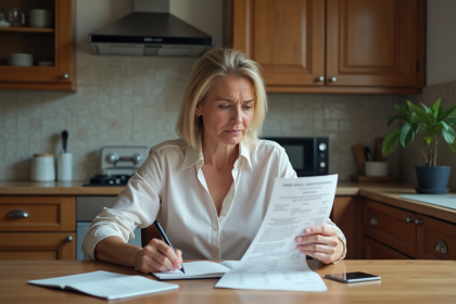 Femme française à la maison vérifiant un reçu de supermarché