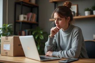Femme frustrée devant son ordinateur essayant de suivre un colis DPD avec un numéro de suivi qui ne fonctionne pas