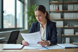 Femme d'affaires examine des documents financiers dans un bureau lumineux