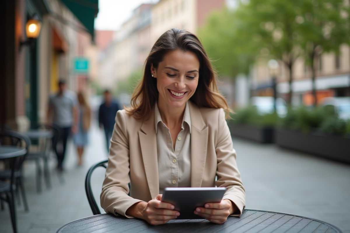 Femme souriante utilisant une tablette en extérieur