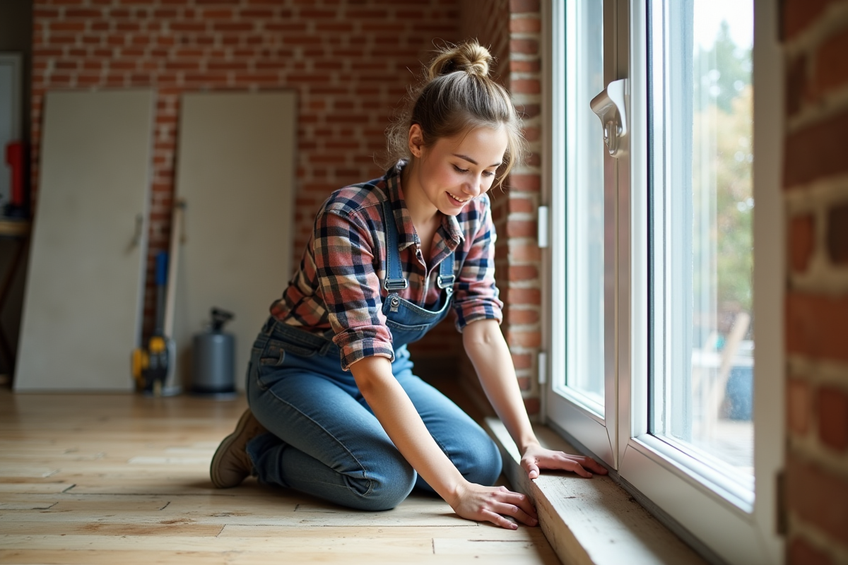 Jeune femme posant de l isolation sur une fenetre