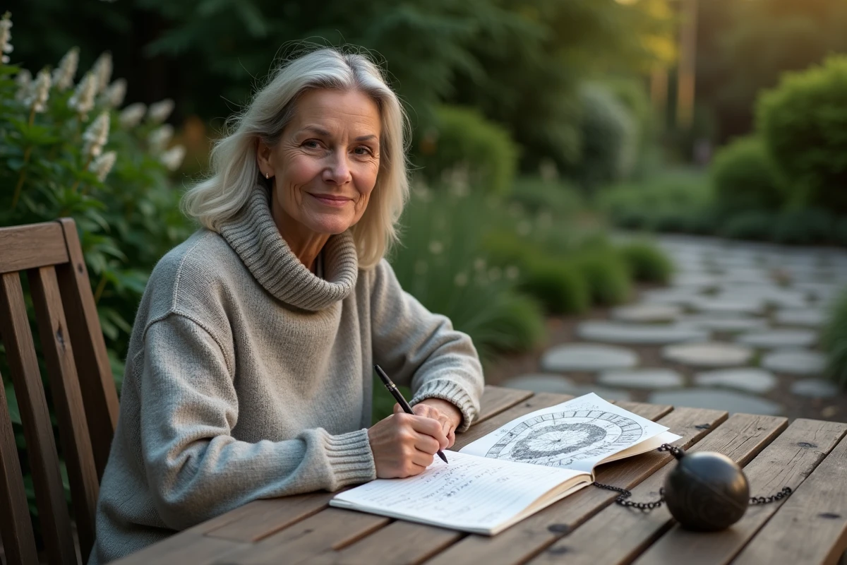 Femme méditant en extérieur en journalisant les phases lunaires