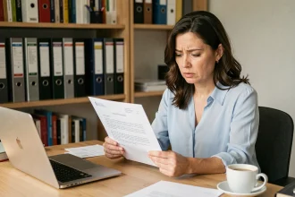 Femme lisant attentivement une lettre administrative à son bureau à domicile, illustrant la gestion des droits et remboursements