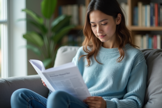 Jeune femme lisant un rapport de sante mentale chez elle