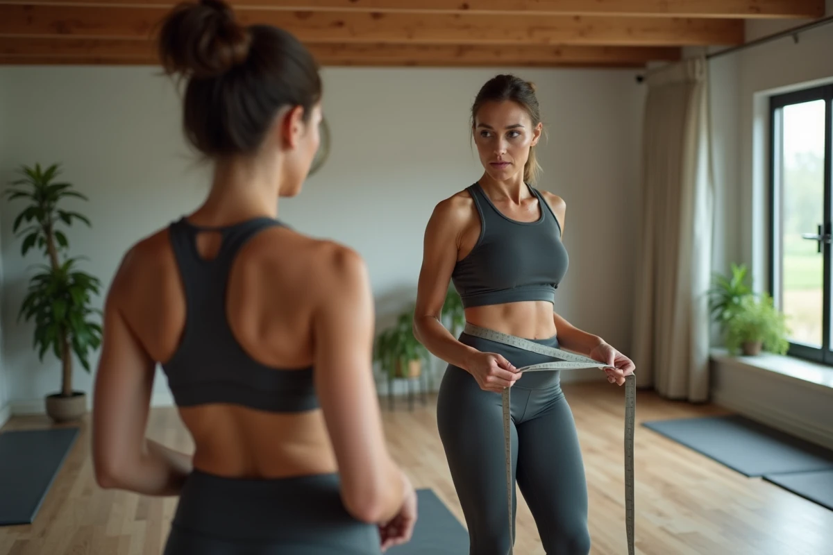 Femme sportive mesurant sa taille dans un gym maison