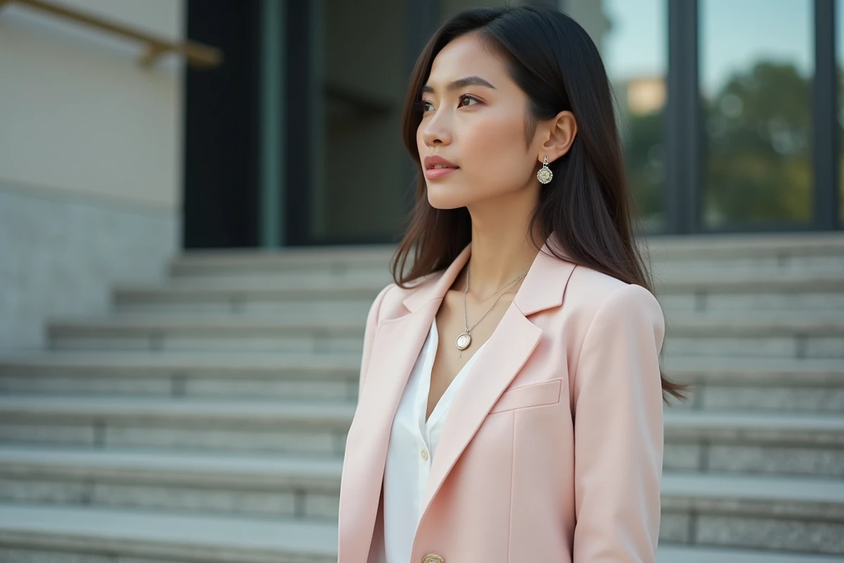 Femme élégante en blazer pastel sur les marches urbaines