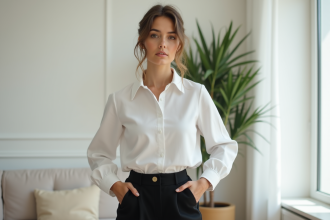 Femme élégante en tenue blanche dans un salon moderne