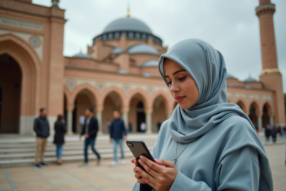 Femme musulmane devant la Grande Mosquée de Toulouse vérifiant les horaires de prière sur smartphone