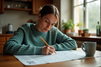 Femme résolvant des mots fléchés avec un crayon sur une table en bois, ambiance cuisine chaleureuse