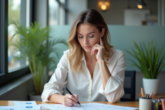 Femme organisée remplissant un tableau de productivite au bureau