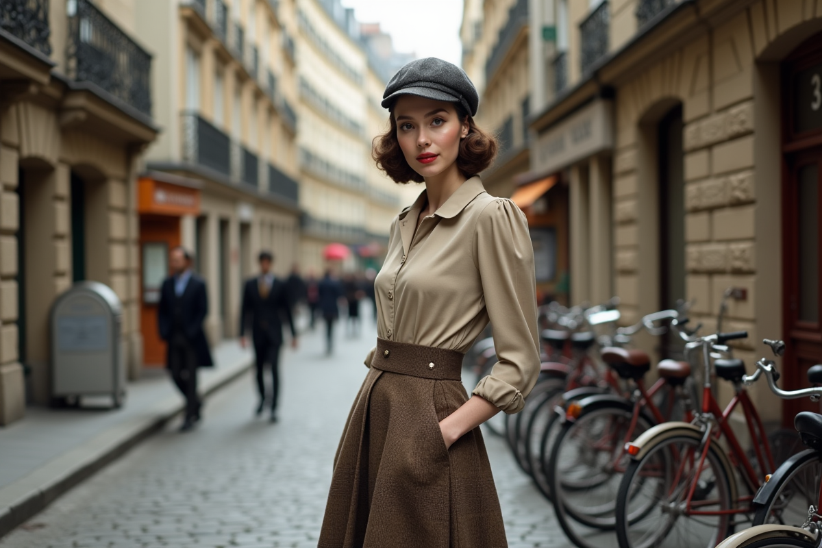 Femme en tenue 1940s dans une rue parisienne