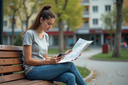 Jeune femme assise dans un parc urbain avec carte et smartphone