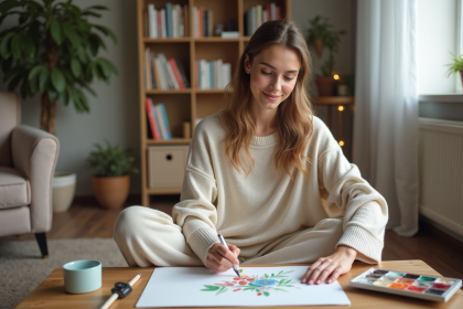 Jeune femme peignant à l'aquarelle dans un salon chaleureux