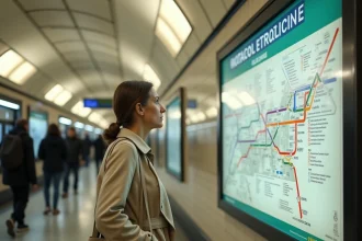 Femme consultant un plan de métro parisien avec les zones tarifaires visibles dans une station souterraine