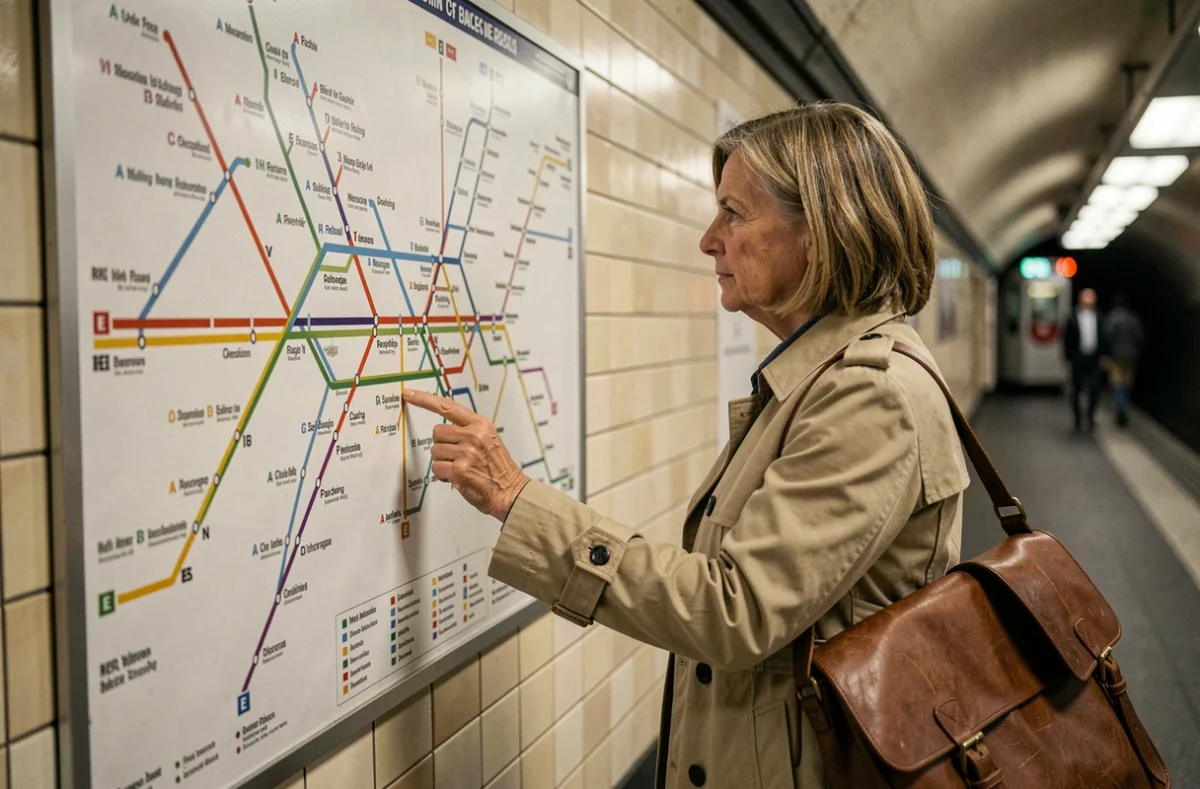 Femme consultant un plan du réseau RER affiché dans une station parisienne