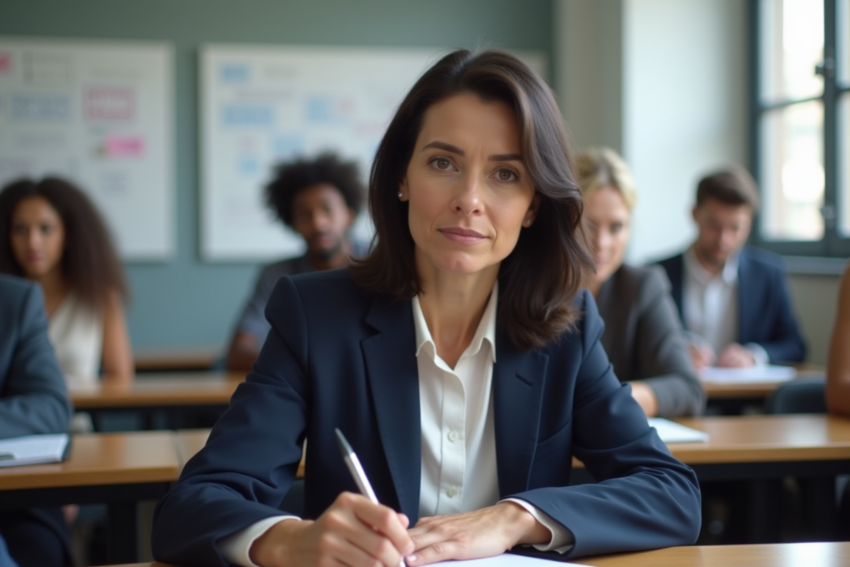 Femme en formation prenant des notes dans une salle moderne