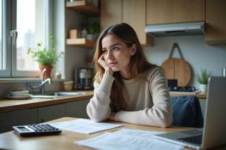 Jeune femme réfléchissant à un relevé de prêt dans sa cuisine