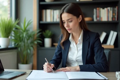 Femme professionnelle en revue un document au bureau