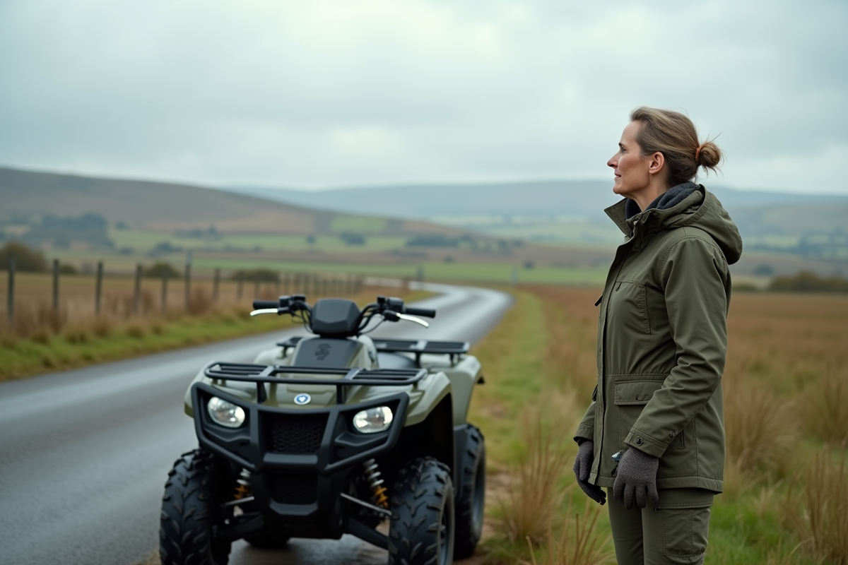 Femme regardant un quad en campagne rurale