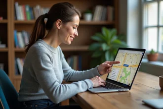 Femme consultant un plan de rue interactif sur ordinateur pour trouver quelle rue mène à l'impasse des Lilas