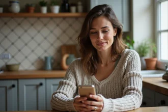 Femme pensante en cuisine avec smartphone