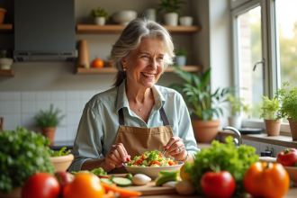 Femme souriante préparant une salade colorée dans la cuisine