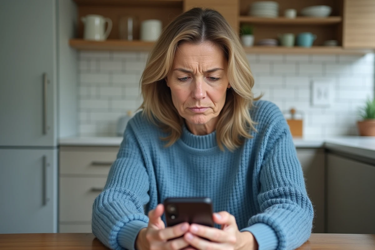 Femme d'une quarantaine regardant son smartphone