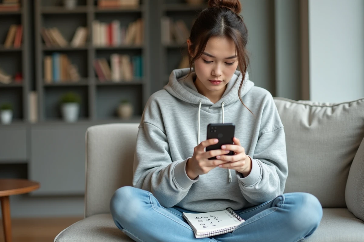 Jeune femme utilisant une application de solver d'anagrammes sur smartphone dans un salon moderne