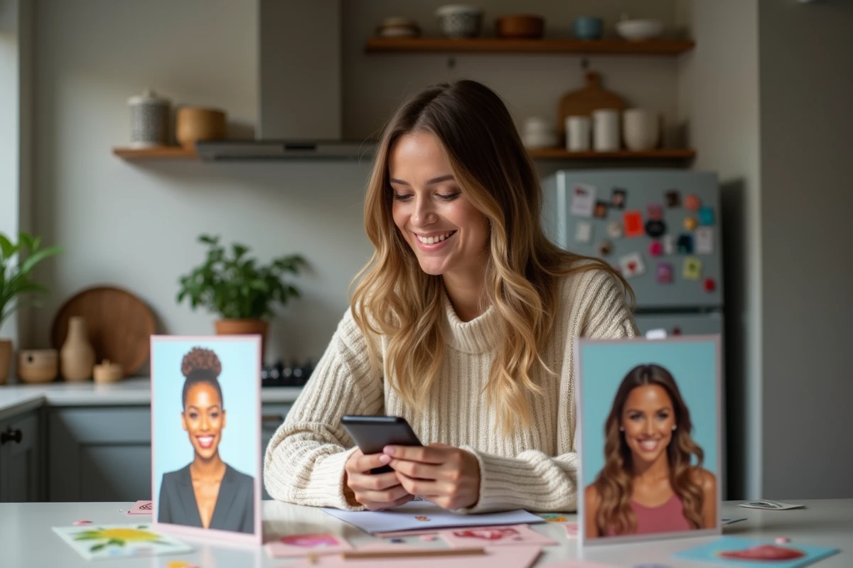 Femme souriante dans la cuisine avec cartes d'anniversaire