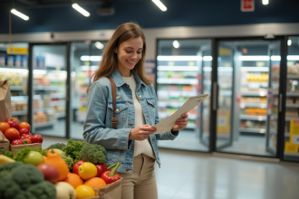Jeune femme souriante dans un supermarche moderne