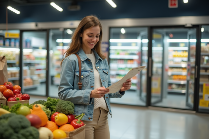 Jeune femme souriante dans un supermarche moderne