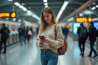 Jeune femme dans une gare urbaine vérifiant son smartphone