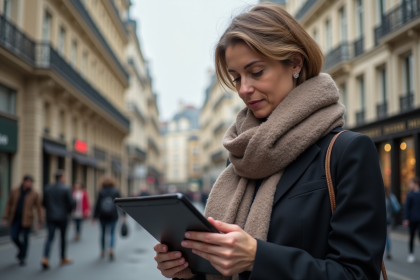 Femme d'âge moyen avec tablette dans rue parisienne