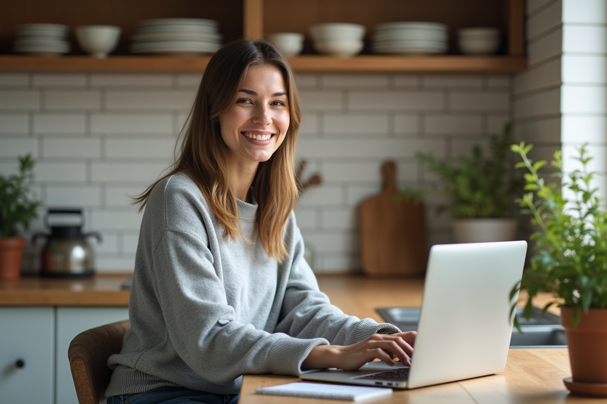 Femme en visioconference dans une cuisine chaleureuse