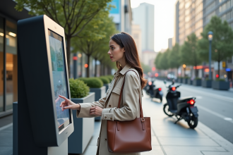 Jeune femme dans la ville consulte un kiosque d'informations