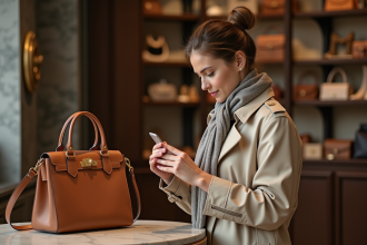 Jeune femme examine un sac vintage dans une boutique élégante
