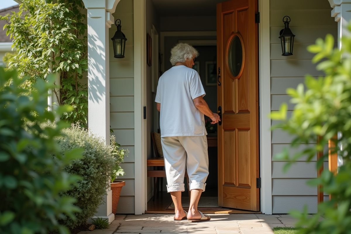 Femme âgée déverrouillant la porte d