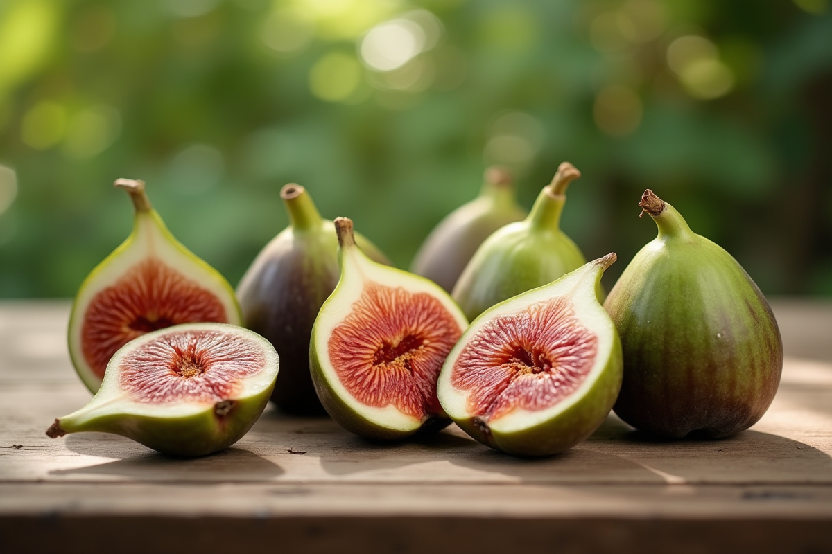 Plusieurs figues fraîches disposées sur une table en bois en plein air