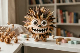 Figurine Labubu en vinyle avec fourrure hérissée et dents irrégulières posée sur une étagère en bois blanc minimaliste dans une chambre cosy