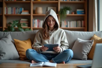 Jeune femme lisant des comics dans un salon moderne