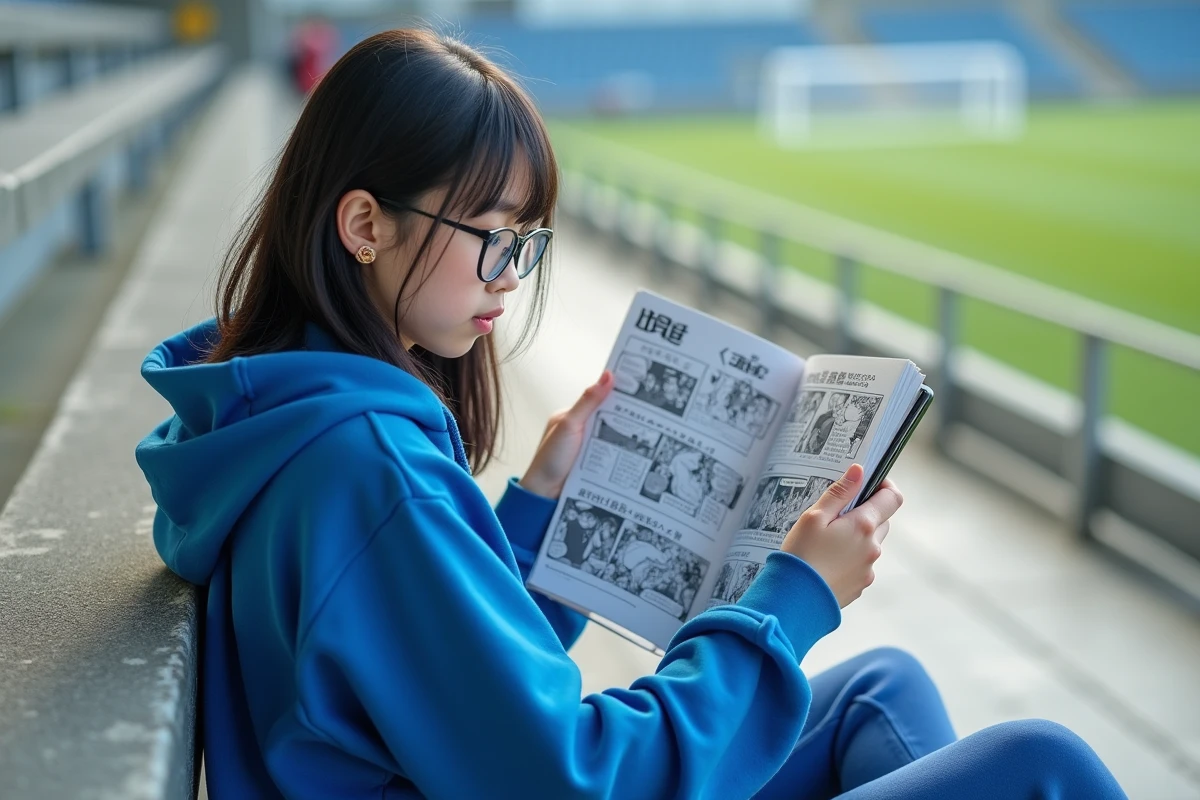 Adolescente avec hoodie bleu lisant manga en extérieur sur des gradins