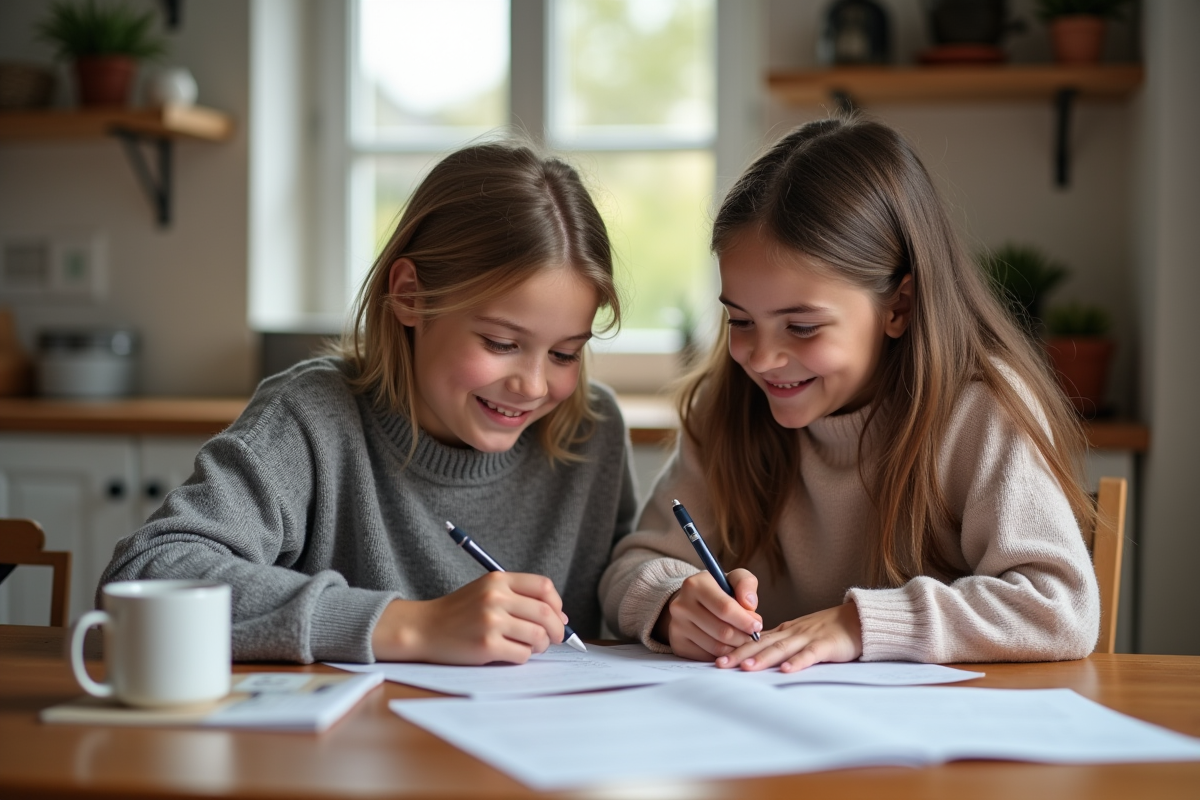 Mère et fille remplissant formulaires à la maison